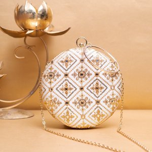 White Based Golden Threadwork Embroidery Round Clutch Bag Luxury Wedding Evening <b>Handbag</b> for Women Occasions - Product Image 1