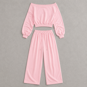 <b>Pink</b> Off-Shoulder <b>Crop</b> <b>Top</b> Hoodies Custom Matching Wide Leg Sweatpants Set Casual Loose Fit Full Sleeve Solid Color Tracksuit - Product Image 3