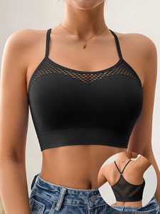Pullover Moisture Wicking Sports Bra Geometric Net Detailing Spaghetti Y Back Design Seamless Workout <b>Crop</b> <b>Top</b> Blanks - Product Image 2