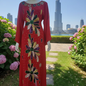 Caftán Radiant Crimson Garden: Bordado floral con lentejuelas hecho a mano sobre georgette premium para ocasiones de noche de alta gama - Product Image 1