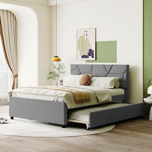 Letto matrimoniale imbottito in lino grigio con testiera a motivo mattoni e letto estraibile singolo - Product Image 1