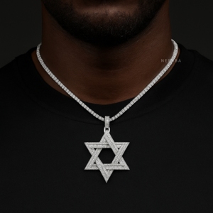 จี้ดาวหกแฉก - จี้เงินประดับเพชรโมอิสซาไนต์ทรงบาแกตต์ สี D ระดับความสะอาด VVS เครื่องประดับฝังเพชรด้วยมือ จี้เงินแท้ 925 สไตล์ฮิปฮอป - Product Image 1