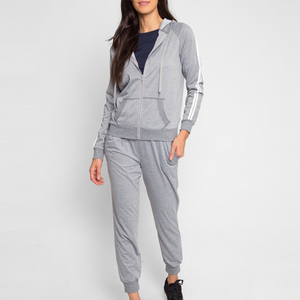 Sweat-shirt gris à capuche entièrement zippé pour femme, coupe classique avec poche, en mélange de coton tricoté, pour l'automne, manches longues - Product Image 3