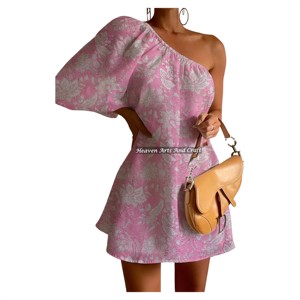Vestido de Fiesta Elegante de Verano con Estampado de Bloques, de un Solo Hombro y Manga Abullonada, Corto y Sexy para Mujer, Ideal para Club Nocturno - Product Image 3