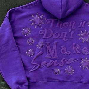 Sweat à capuche personnalisé de haute qualité en polaire polyester/coton avec motif imprimé lettres en relief en strass, délavage acide et techniques de broderie 3D - Product Image 3
