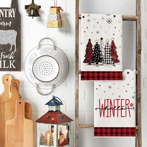 Serviettes de cuisine de Noël à carreaux rouges et noirs motif bonhomme de neige et sapins, 18x26 pouces, pour la décoration hivernale quotidienne et saisonnière - Product Image 1