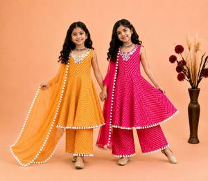 Ensemble indien pakistanais en mousseline orange pour filles, imprimé Leheriya, broderie miroir, costume Anarkali brodé, longueur cheville, tenue de fête et de festival - Product Image 4