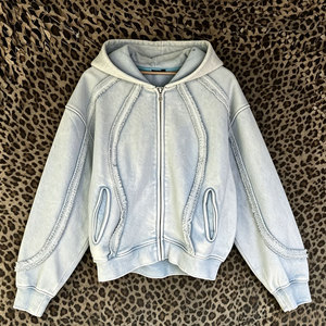 เสื้อฮู้ดดี้สีฟ้าอ่อนทรงโอเวอร์ไซส์แบบมีซิป ผ้าฝ้ายเฟรนช์เทอร์รี่ 100% สไตล์ลำลองสำหรับผู้ชาย เสื้อฮู้ดดี้สตรีทแวร์สำหรับฤดูหนาว - Product Image 1