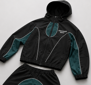 Wholesale Custom Windbreaker Sweat Suit Streetwear Patchwork Hoodies and Sweatpants Set Nylon Tracksuit <b>Zip</b> <b>up</b> <b>Jacket</b> - Product Image 2