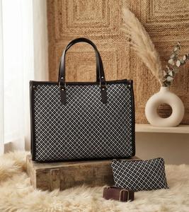 Black and White Patterned Tote Handbag Structured Carryall Shoulder Bag with Pouch for Daily Commuting - Product Image 1