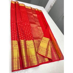 TRADITIONNEL BANARASI SOIE DOUCE ZARI TRAVAIL SAREE AVEC CHEMISIER NON COUDU ROUGE - Product Image 1