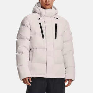 <b>Men's</b> <b>White</b> Hooded Stand Collar Anti-Wrinkle <b>Puffer</b> <b>Jacket</b> Front Customizable Polyester Wadding Filled Windproof Zipper Closure - Product Image 2