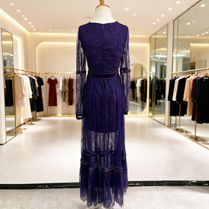 Robe de soirée élégante et sexy pour femme, personnalisée, en coton et dentelle, avec broderie, imprimé, volants et manches longues, coupe trapèze, longueur maxi - Product Image 3