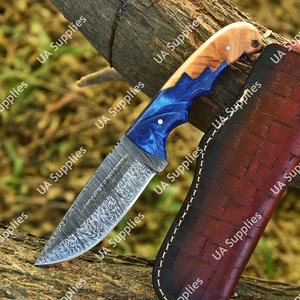 Cuchillo de hoja fija de acero de Damasco de grado industrial con punta caída y mango de resina de madera para camping, caza y uso al aire libre - ODM/OEM disponible - Product Image 6