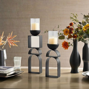 Portavelas Moderno, Portavelas de Metal Negro, Portavelas de Vidrio, Portavelas de Huracán, Decorativo - Product Image 1