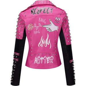 Pink Black Studded PU Leather <b>Biker</b> <b>Jacket</b> Asymmetric Zip Spiked Motorcycle <b>Jacket</b> for Women Streetwear - Product Image 2