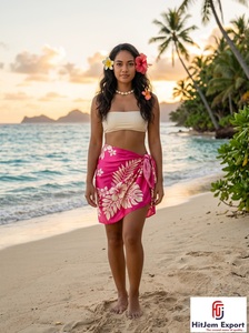 Paréo court polynésien sarong tissé à pois floraux léger en tissu mousseline 100% rayonne, couverture de plage tropicale, tenue d'été OEM - Product Image 2