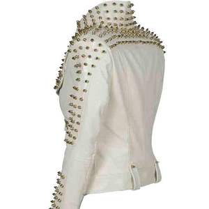 Blouson de moto en cuir véritable blanc pour homme, style punk, décoré de rivets, col rabattable, fermeture éclair, coupe ajustée, automne - Product Image 5