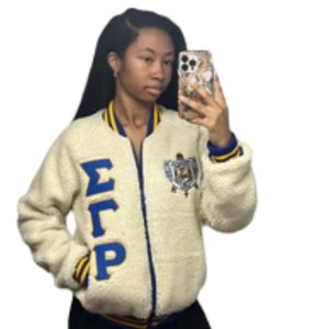 เสื้อแจ็คเก็ตบอมเบอร์ Sigma Gamma Rho ปักลายเชนิลล์ เสื้อผ้าสำหรับชมรมนักศึกษากรีก เสื้อโค้ทกันหนาวคุณภาพพรีเมียมสำหรับผู้หญิง - Product Image 4