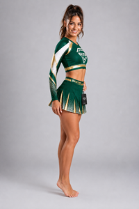 Custom Cheerleading Uniform Set <b>Green</b> Gold Sublimated <b>Long</b> <b>Sleeve</b> <b>Crop</b> <b>Top</b> Pleated Skirt All Star Team Apparel Manufacturer OEM - Product Image 2