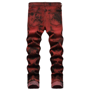 Jeans de mezclilla para hombre, corte slim, color rojo deslavado, de algodón recubierto, peso medio, estilo casual de pierna recta con efecto teñido por inmersión. - Product Image 4