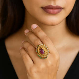 Stainless Steel Matte Floral Gemstone Ring Vintage 18K Plated Openable Band - Product Image 1