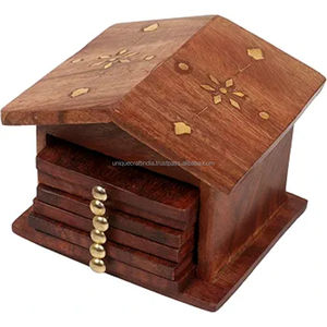 Ensemble de dessous-de-verre artisanaux (lot de 5) avec support, motif feuille en bois classique, épaisseur 5 mm, décoration de table inspirée de la nature - Product Image 5