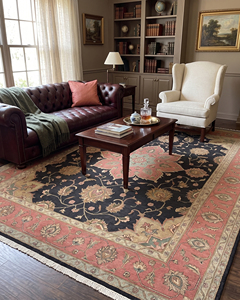 Tapis de luxe à poils épais, tufté à la main, motif floral Rose Noire, avec bordure rose pâle, écologique, pour salon et intérieur d'hôtel - Product Image 3