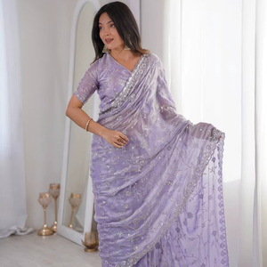 Sari de seda espacial de lujo en tendencia con cuentas originales y blusa a juego con trabajo de cuentas hecho a mano, sari premium para fiesta con trabajo de cuentas. - Product Image 1