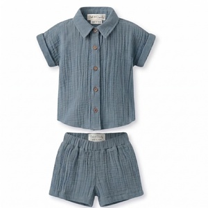 <b>Cot</b> & Candy Organic Muslin Jhabla <b>Set</b> Oversized Knitted Shirt with Shorts for Summer for 0-6 Months Baby Aqua Color - Product Image 1