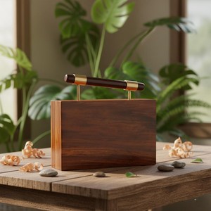 Bolso de mano de madera con textura tallada, correa de cadena dorada y asa - Product Image 2