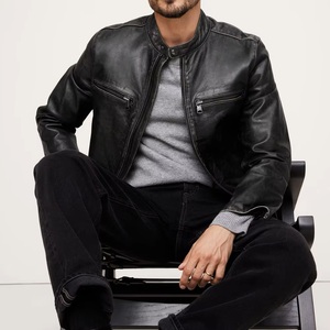 Blouson de moto en cuir noir pour homme, manches longues, coupe-vent, lavé, toutes saisons, style racing - Product Image 3