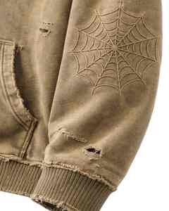 เสื้อฮู้ดซิปสีกากีแบบวินเทจ ยี่ห้อ Manufacturer ตกแต่งลายปักใยแมงมุม สไตล์สตรีทแวร์ - Product Image 2