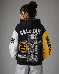 SALSTAR Sweat-shirt à capuche pour femme, noir, jaune, blanc, manches longues, rivets, streetwear, automne, coton, tricoté - Product Image 2