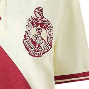 Camiseta Polo Personalizada DST Sorority para Mujer, Diseño de Bloques de Color Diagonales en Marrón Crema, Escudo Bordado - Product Image 3