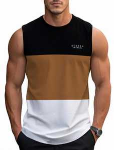 Débardeur sans manches respirant pour homme Oneten, avec broderie sur le devant, blocs de couleur, col rond, tricoté, style sportif et athlétique - Product Image 4