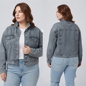Plus Size Fashion Wear <b>Denim</b> <b>Crop</b> <b>Jackets</b> Women Outwear Washed <b>Denim</b> Trucker <b>Crop</b> <b>Jacket</b> Women's - Product Image 1