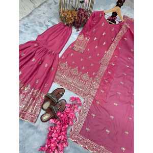 Conjunto de Top y Pantalones Plazzo de Georgette Simar Pesado Puro para Mujer, para Fiestas - Product Image 2