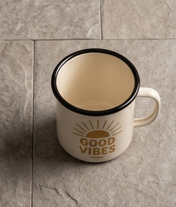 Custom <b>Camp</b> <b>Mug</b> Positive Energy Sun Icon Typography Design Off White Enamelware Bulk B2B Manufacturer Sourcing Hub Network - Product Image 4