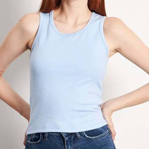 Camiseta sin Mangas de Punto Azul Claro para Mujer, Cuello Redondo, Color Sólido, Informal, Largo Regular, 100% Algodón - Product Image 2