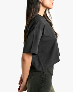 Cheap Price Women's Black Oversized <b>Crop</b> <b>Top</b> Short Sleeve Drop Shoulder Loose Fit O-Neck Jersey T-Shirt Solid Color All Seasons - Product Image 5