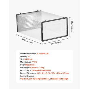 กล่องเก็บรองเท้าแบบซ้อนได้ 12 ชิ้น กล่องพลาสติกแบบโมดูลสำหรับรองเท้าผ้าใบไซส์ 11 ของสหรัฐอเมริกา ดีไซน์ประหยัดพื้นที่ - Product Image 6
