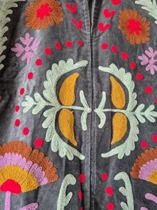 Ethnic Dark Gray <b>Velvet</b> Suzani Embroidered <b>Jacket</b> with Floral Pattern Full Sleeve Stand Collar <b>Women's</b> Soft Autumn Coat - Product Image 5