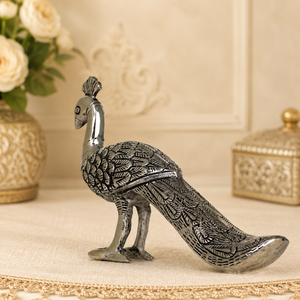 Figurine de paon antique en argent poli, sculptée à la main, en métal, objet décoratif pour cadeaux et événements festifs - Product Image 5