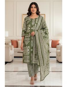 ชุดเซ็ตสามชิ้นผ้าฝ้ายเซรามิกสำหรับผู้หญิง 60-60 ลายพิมพ์แบบดั้งเดิมสำหรับงานปาร์ตี้ เสื้อคุर्ตา กางเกงขายาว ผ้าคลุมไหล่ สไตล์ลำลอง ชุดพื้นเมือง คุณภาพส่งออก - Product Image 3