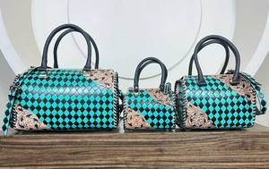 กระเป๋าเดินทางหนังแท้ลายตารางสีเทอร์ควอยซ์และสีดำ  กระเป๋าเดินทางแบบสะพายไหล่หนังแท้  กระเป๋าเดินทางขนาดใหญ่สำหรับผู้หญิง - Product Image 5