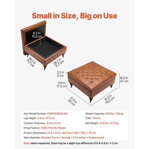 31-Inch Square Leather <b>Storage</b> Ottoman Tufted Coffee Table with Casted Rolling Wheels PU Leather Upholstered <b>Stools</b> & Ottomans - Product Image 3