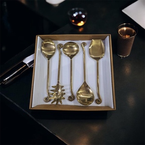 Gold Plated Serving Spoon Set <b>Mirror</b> Finish Long Handle Vintage Design Metal Utensils Gift Boxed - Product Image 2