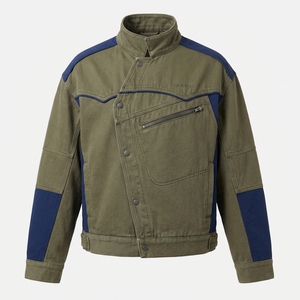 Blouson Biker Asymétrique Color Block Homme Personnalisé en Toile Délavée Vintage Col Montant Style Moto Streetwear Manteau d'extérieur - Product Image 1