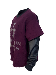 Wholesale Burgundy Rhinestone Graphic Long Sleeve T Shirt <b>Layered</b> Faux Leather Sleeve Vintage Distressed Heavyweight Cotton <b>Top</b> - Product Image 3